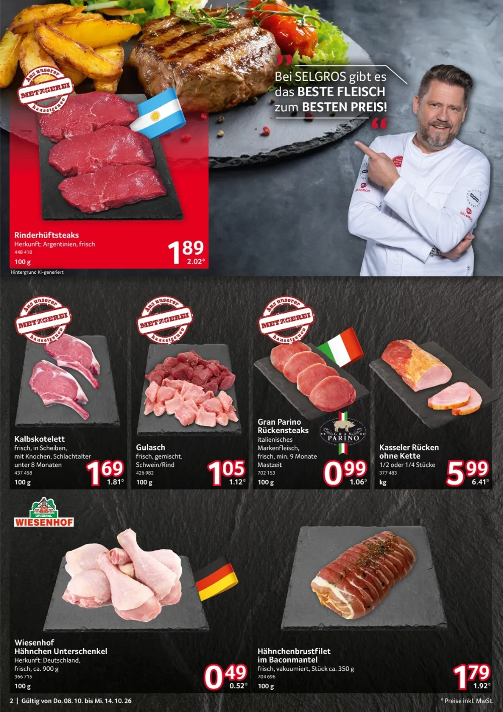 Selgros Prospekt KW41 Seite 2 mit Rinderhüftsteaks, Kalbskotelett, Gulasch, Kasseler Rücken & Wiesenhof Hähnchen