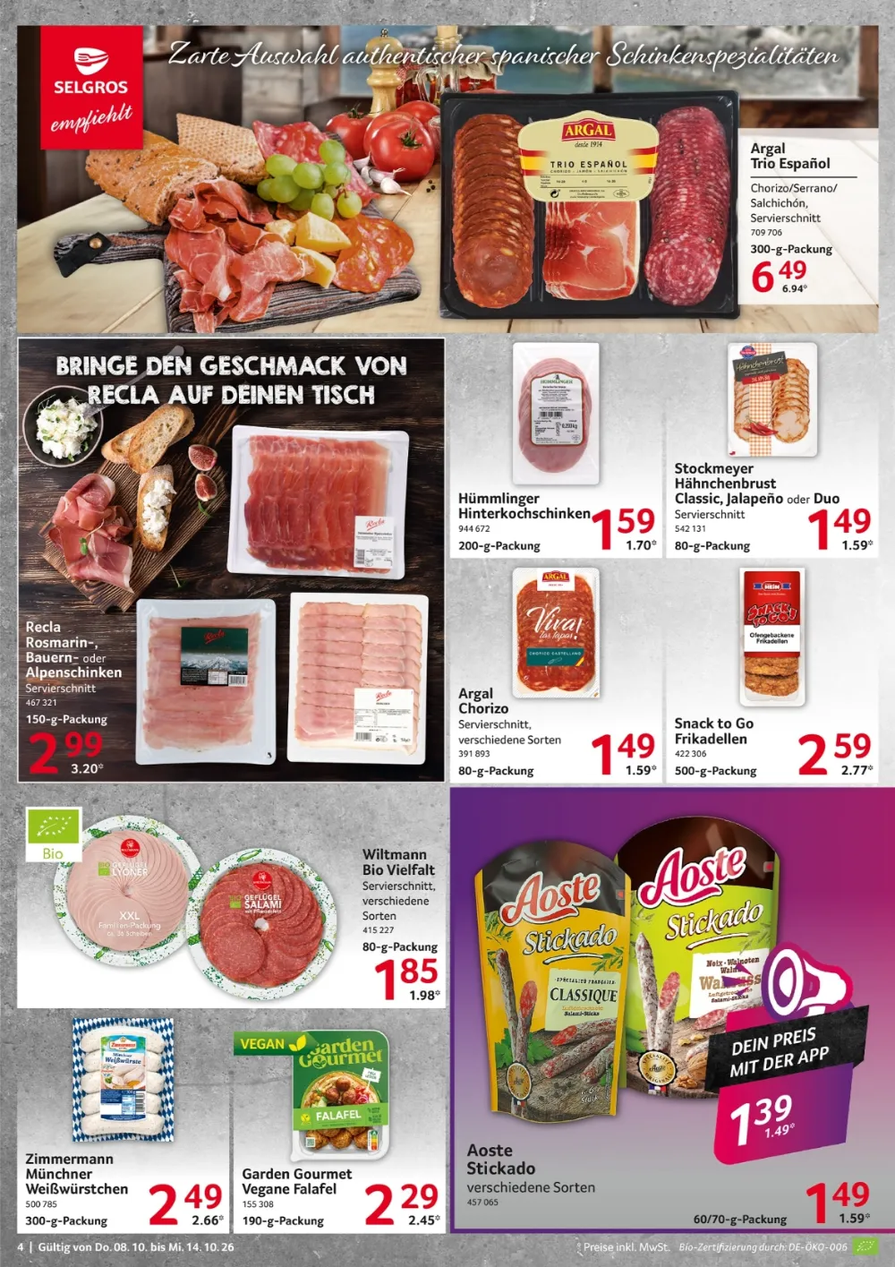 Selgros Prospekt KW41 Seite 4 mit Argal Schinkenspezialitäten, Recla Schinken, Stockmeyer & Aoste Stickado