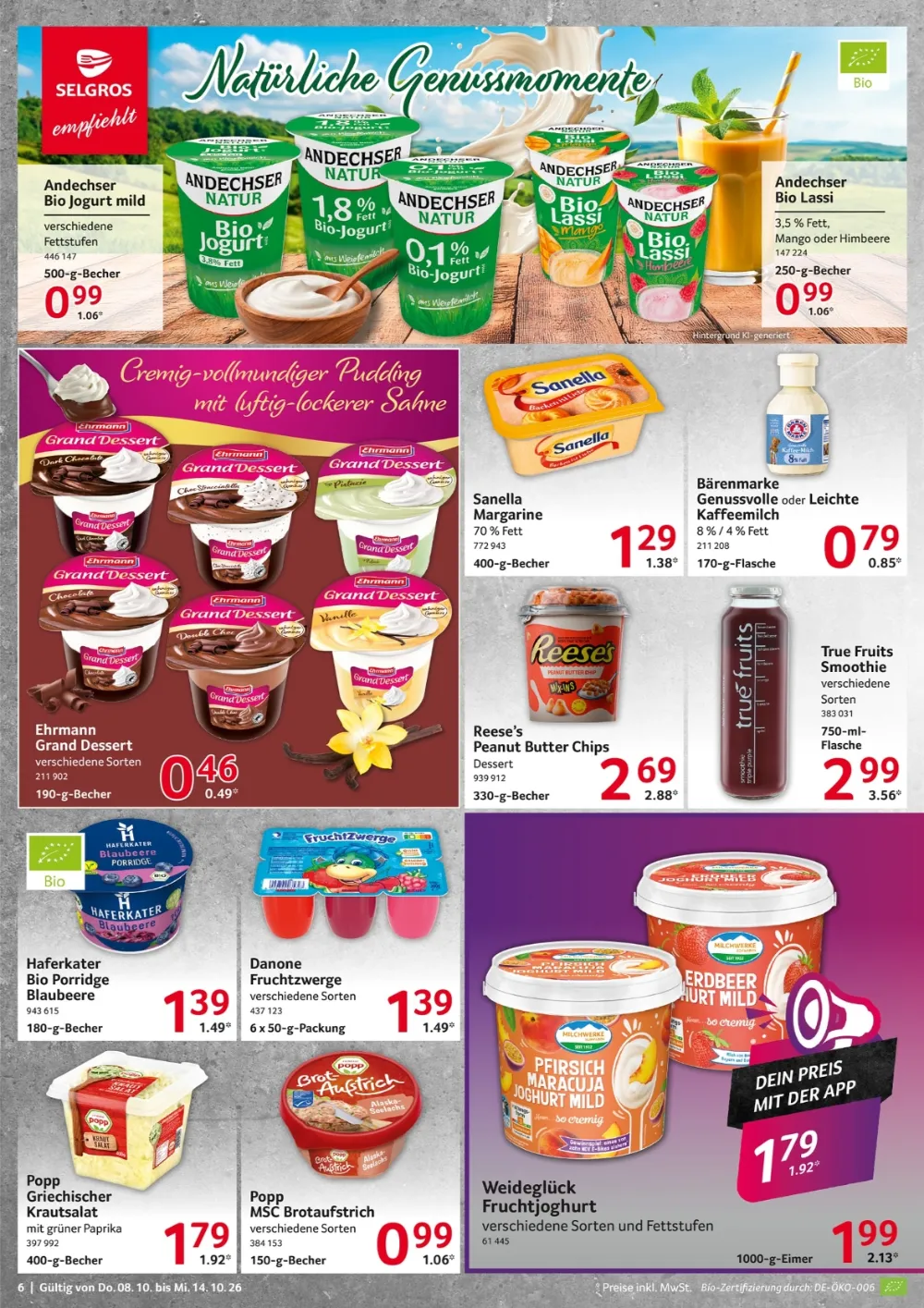 Selgros Prospekt KW41 Seite 6 mit Andechser Bio Joghurt, Ehrmann Grand Dessert, True Fruits & Danone FruchtZwerge
