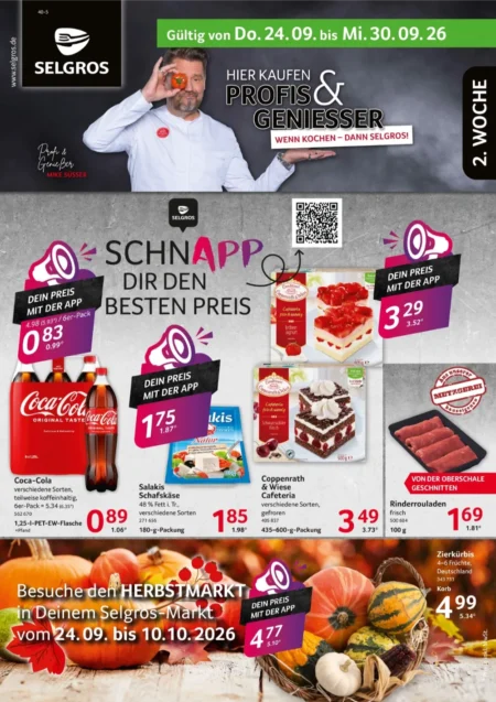 Selgros Prospekt ab 24.09.2026 (KW 39) Selgros Prospekt ab 24.09.2026 Seite 1 mit Coca-Cola, Salakis, Coppenrath & Wiese, Rinderrouladen & Zierkürbis