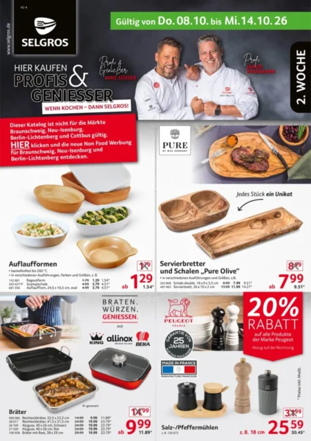 Selgros Prospekt ab 08.10.2026 (KW 41) Nonfood Selgros Prospekt Nonfood ab 08.10.2026 Seite 1 mit Auflaufformen, Servierbrettern, Brätern & Peugeot Gewürzmühlen