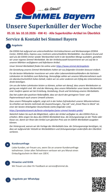 Simmel Bayern Prospekt ab 05.10.2026 (KW 41) Simmel Bayern Prospekt ab 05.10.2026 Seite 1 mit Service, Kundenumfrage & Informationen