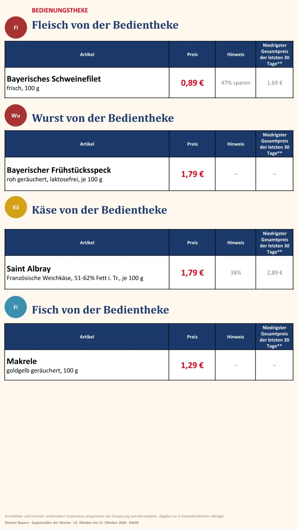 Simmel Bayern Prospekt KW 42 Seite 2 mit Schweinefilet, Frühstücksspeck, Saint Albray Weichkäse & geräucherter Makrele