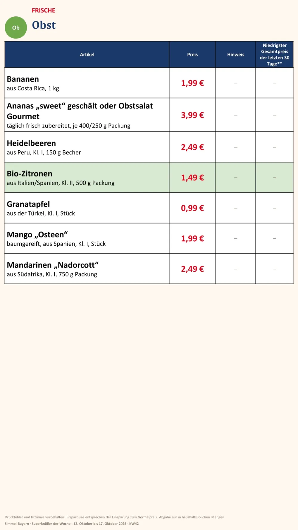 Simmel Bayern Prospekt KW 42 Seite 4 mit Bananen, geschälter Ananas, Heidelbeeren, Bio-Zitronen, Granatapfel & Mango