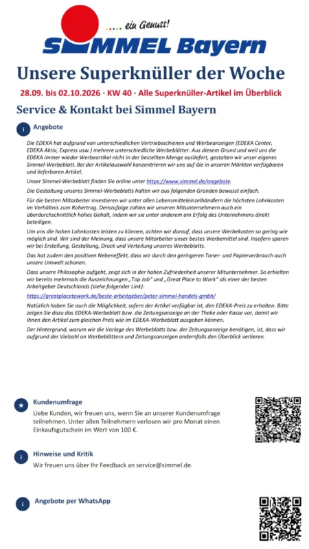 Simmel Bayern Prospekt ab 28.09.2026 (KW 40) Simmel Bayern Prospekt ab 28.09.2026 Seite 1 mit Service-Informationen, Kontaktdaten und Kundenumfrage.