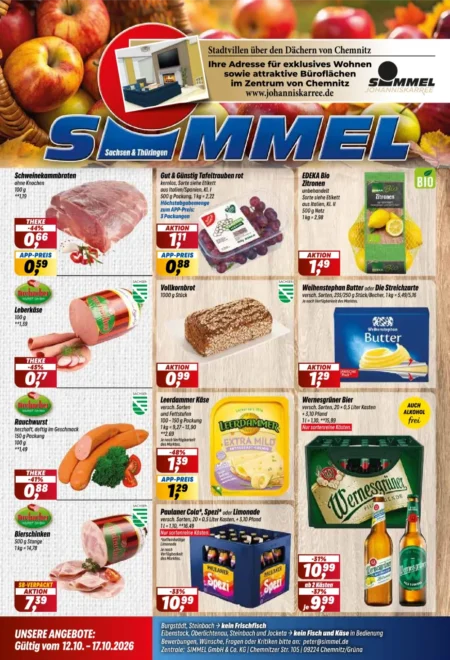 Simmel Prospekt ab 12.10.2026 (KW 42) Sachsen/Thüringen Simmel Prospekt ab 12.10.2026 Seite 1 mit Schweinekammbraten, Tafeltrauben, Leerdammer Käse, Butter & Bier