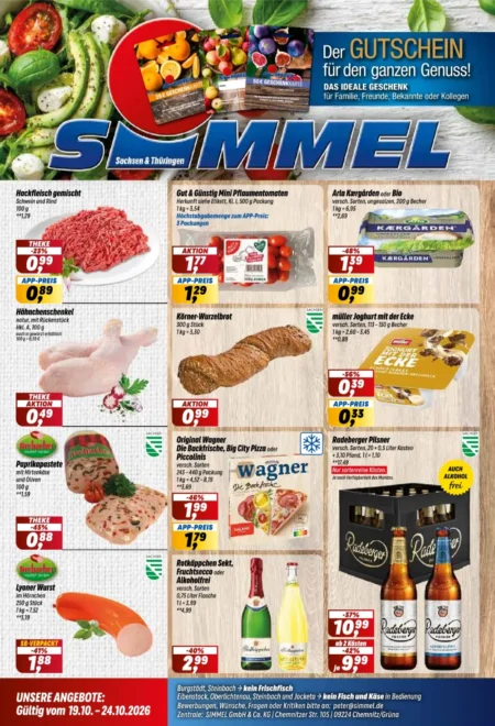 Simmel Prospekt ab 19.10.2026 (KW 43) Sachsen/Thüringen Simmel Prospekt ab 19.10.2026 Seite 1 mit Hackfleisch gemischt, Arla Kærgården, Wagner Pizza & Radeberger Pilsner