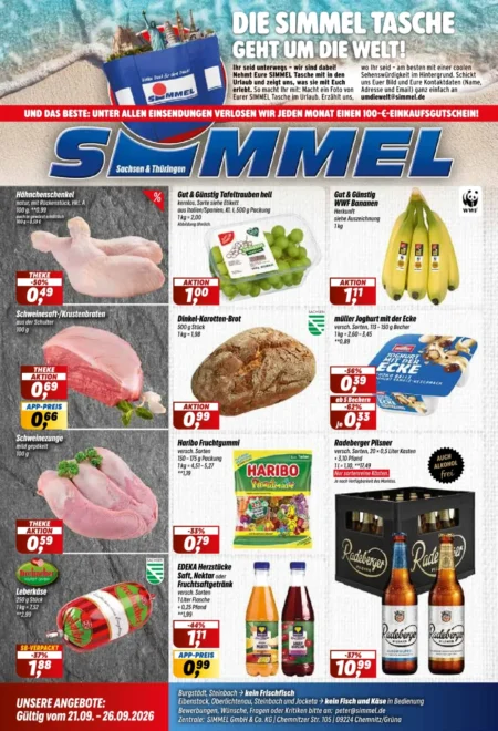 Simmel Prospekt ab 21.09.2026 (KW 39) Sachsen/Thüringen Simmel Prospekt ab 21.09.2026 Seite 1 mit Hähnchenschenkel, Bananen, Dinkel-Karotten-Brot, Haribo und Radeberger Pilsner