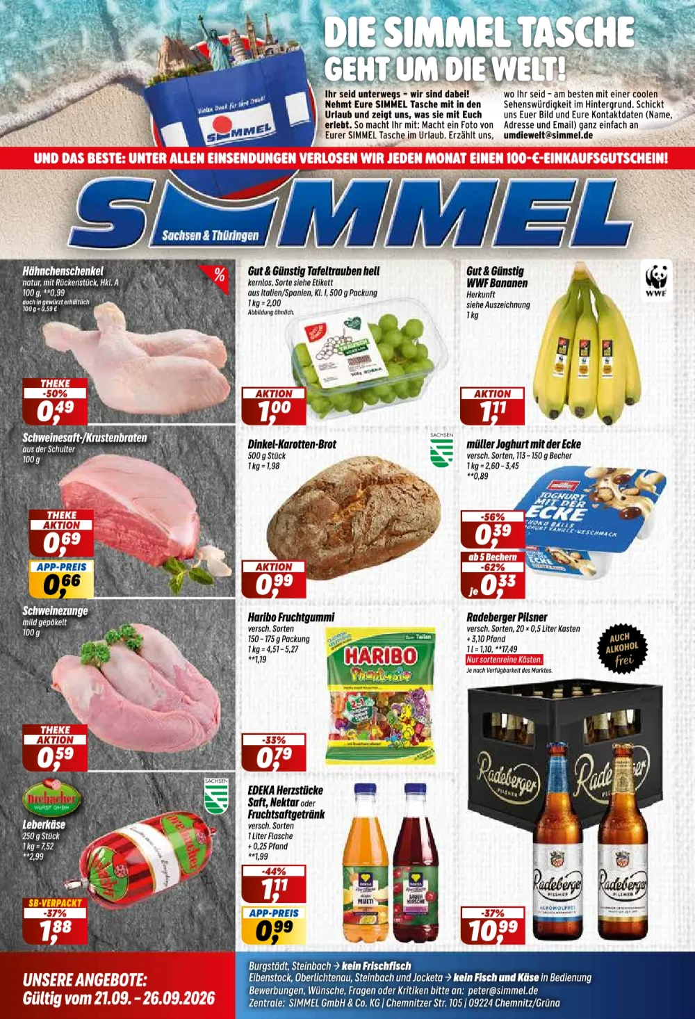Simmel Prospekt ab 21.09.2026 Seite 1 mit Hähnchenschenkel, Bananen, Dinkel-Karotten-Brot, Haribo und Radeberger Pilsner