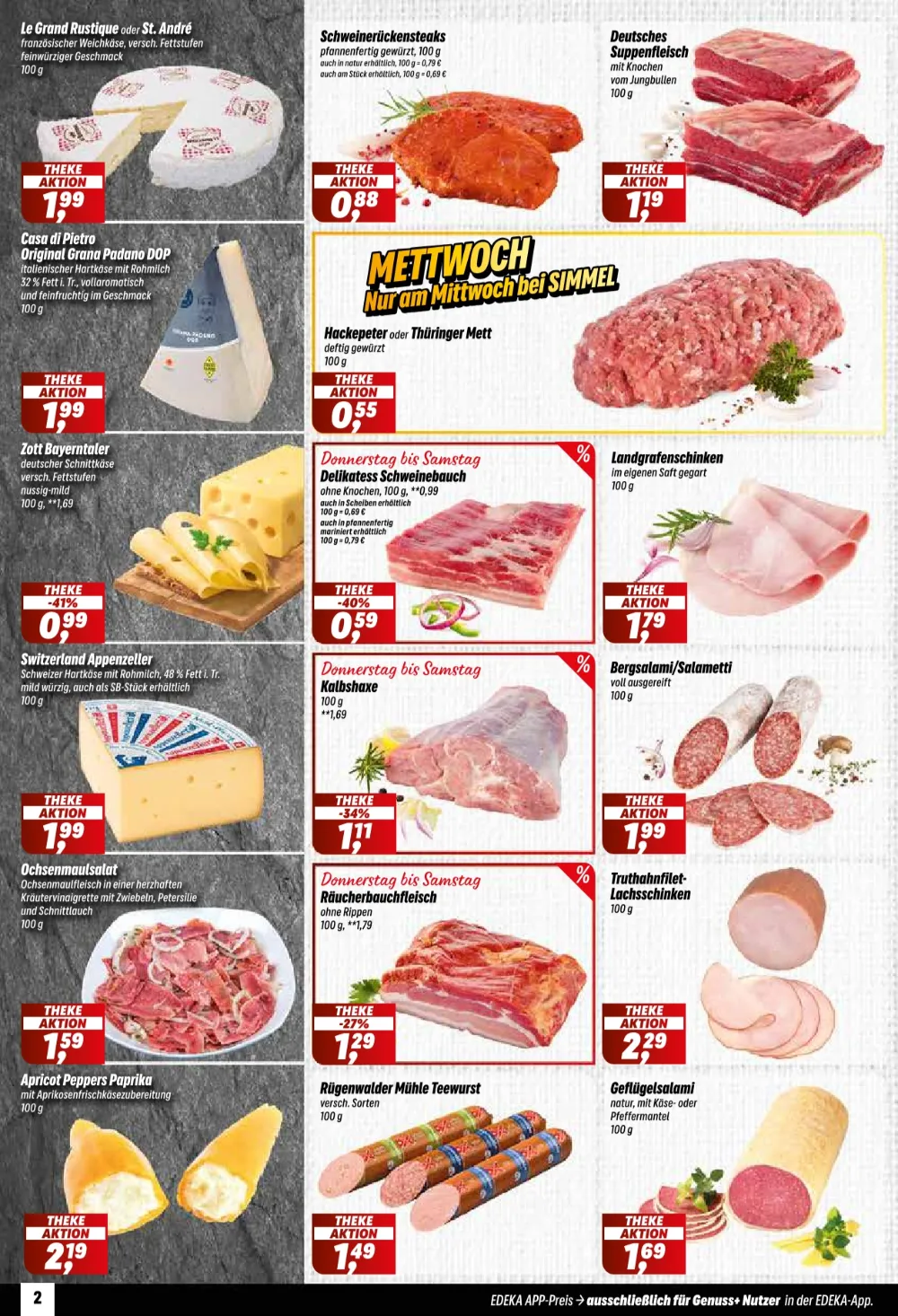 Simmel Prospekt KW 39 Seite 2 mit Le Grand Rustique Käse, Schweinerückensteaks, Mett, Bergsalami und Teewurst