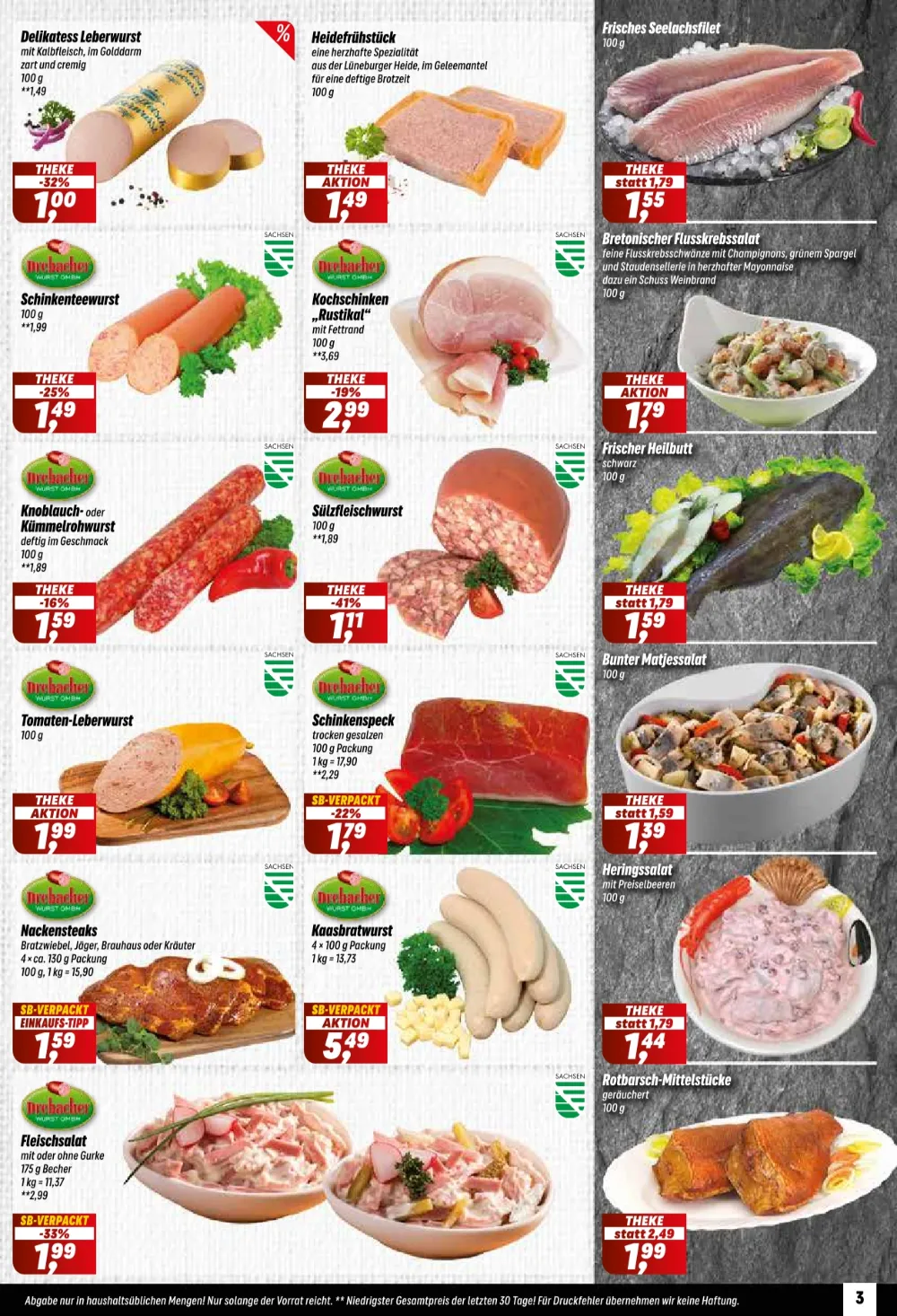 Simmel Prospekt KW 39 Seite 3 mit Leberwurst, Seelachsfilet, Schinkenteewurst, Flusskrebssalat und Matjessalat