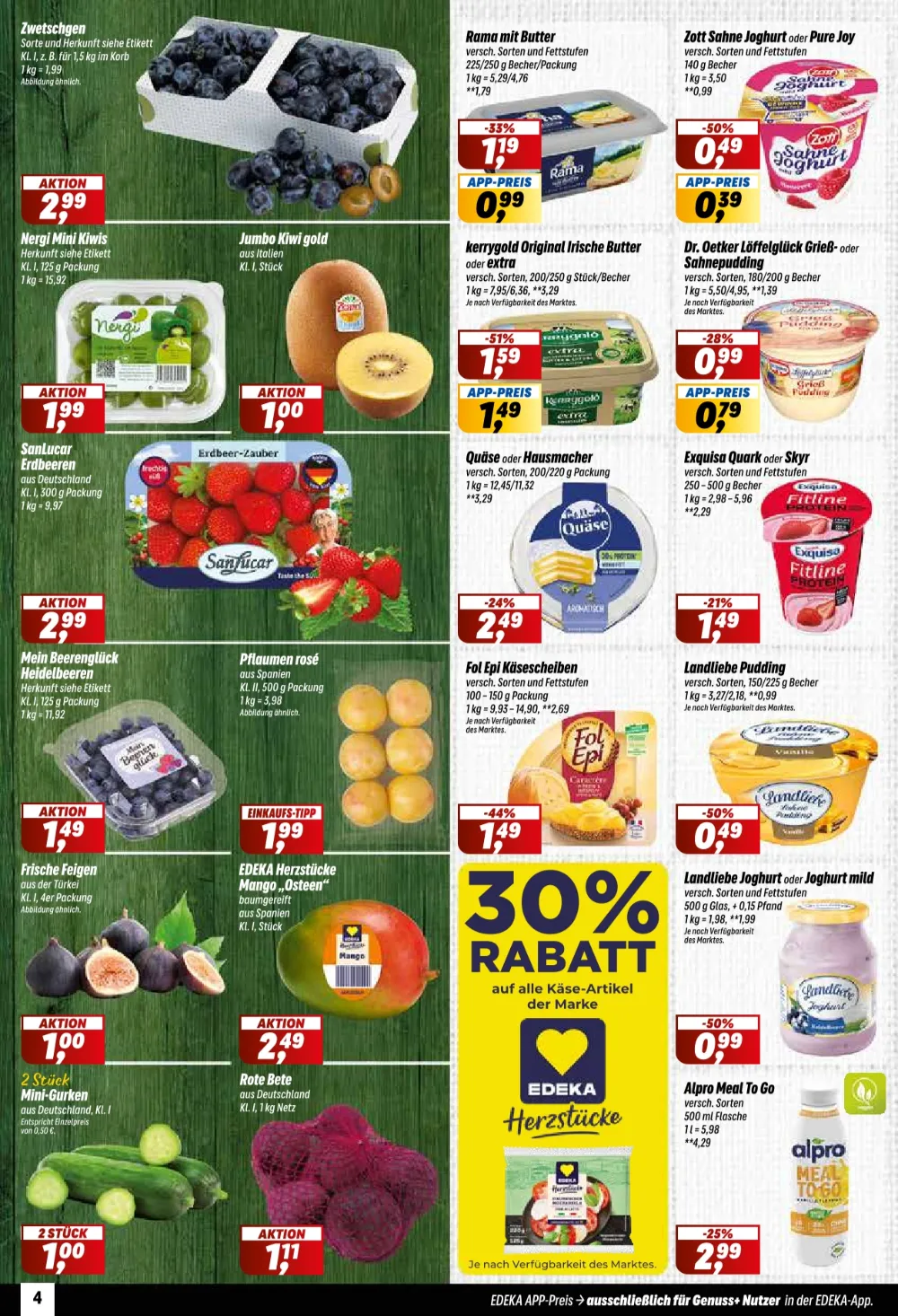 Simmel Prospekt KW 39 Seite 4 mit Zwetschgen, Kerrygold Butter, Zott Sahnejoghurt, Erdbeeren und Landliebe Pudding