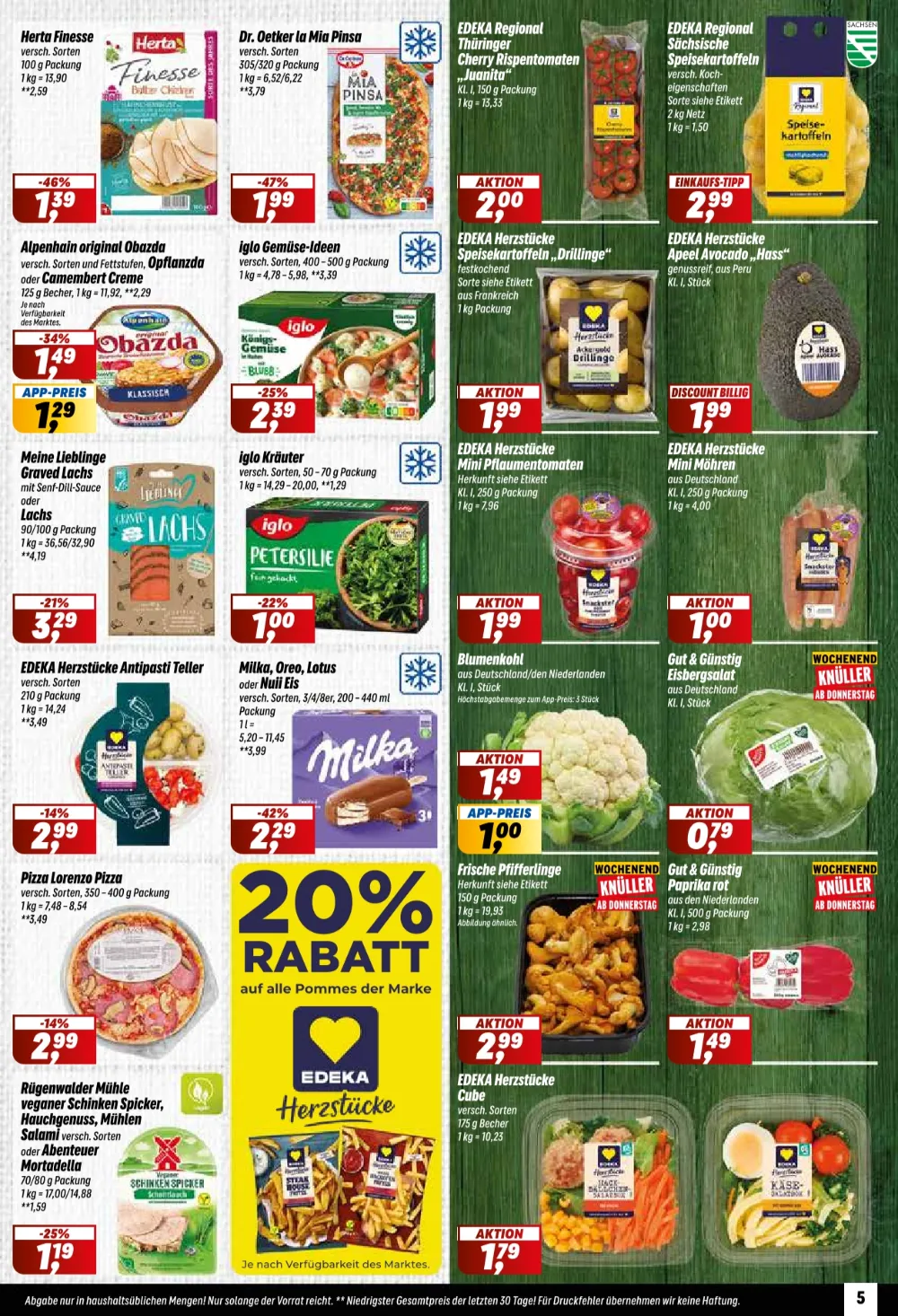 Simmel Prospekt KW 39 Seite 5 mit Herta Finesse, iglo Gemüse-Ideen, Alpenhain Obazda, Milka Eis und Pfifferlingen