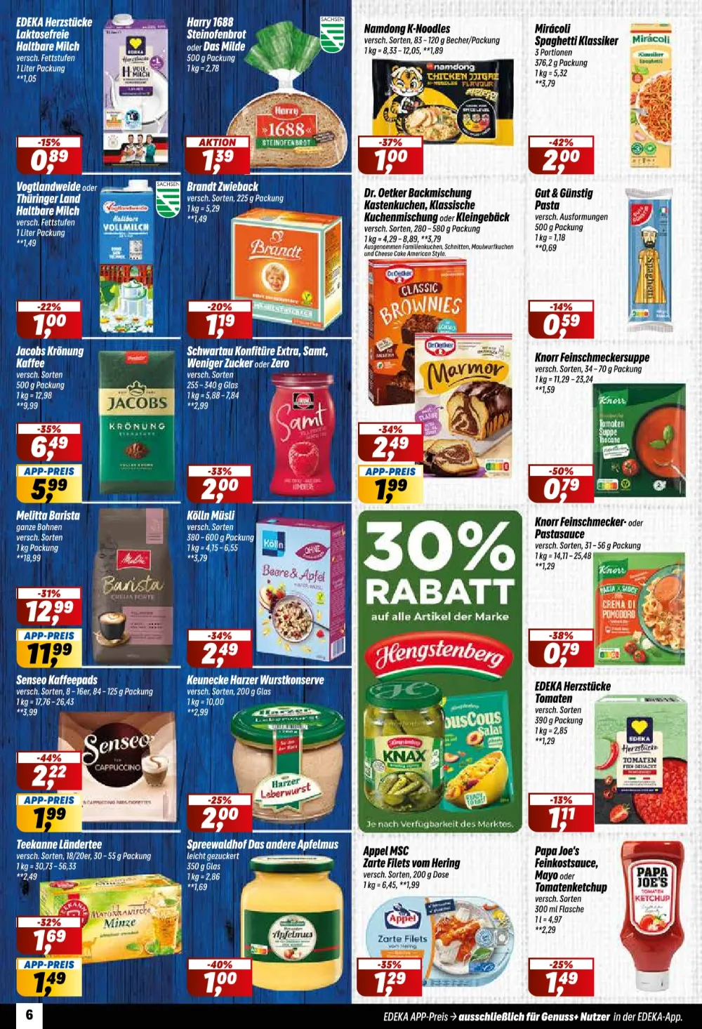 Simmel Prospekt KW 39 Seite 6 mit Jacobs Krönung Kaffee, Melitta Barista, Mirácoli Spaghetti und Hengstenberg Knax