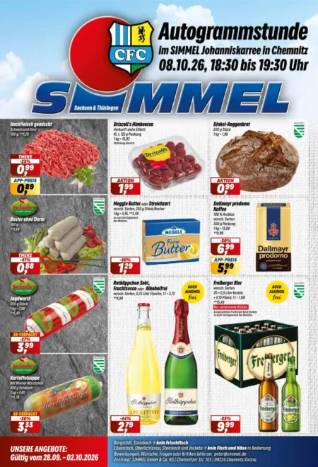 Simmel Prospekt ab 28.09.2026 (KW 40) Sachsen/Thüringen Simmel Prospekt ab 28.09.2026 Seite 1 mit Hackfleisch, Himbeeren, Meggle Butter, Dallmayr Kaffee, Sekt und Bier.