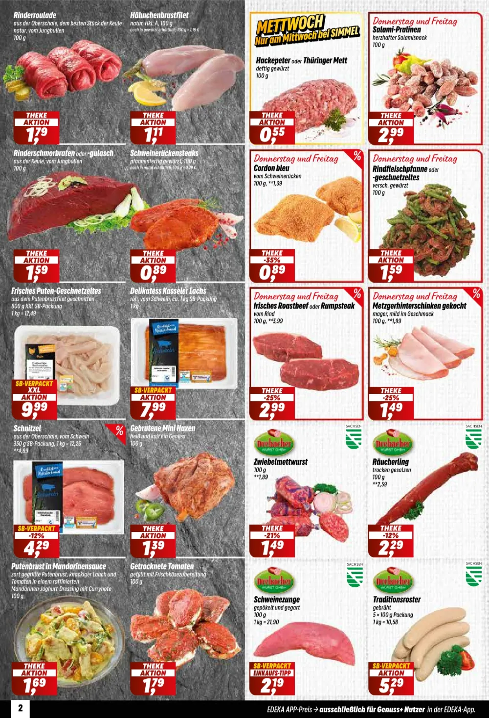 Simmel Prospekt KW 40 Seite 2 mit Rinderrouladen, Hähnchenbrustfilet, Schweinesteaks, Cordon bleu, Schnitzel und Mettwurst.