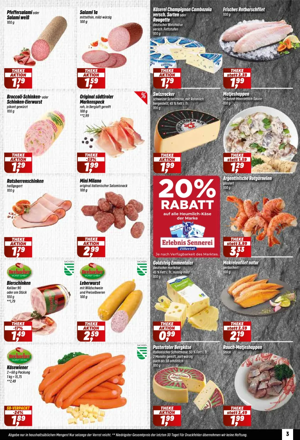 Simmel Prospekt KW 40 Seite 3 mit Salami, Cambozola, Rotbarschfilet, Markenspeck, Matjeshappen, Garnelen und Emmentaler.