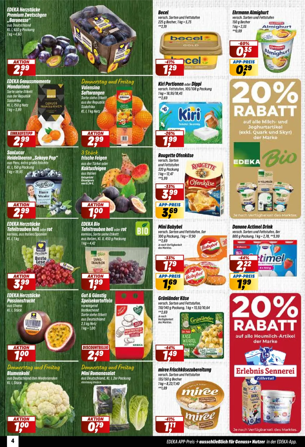 Simmel Prospekt KW 40 Seite 4 mit Zwetschgen, Almighurt, Mandarinen, Orangen, Ofenkäse, Babybel, Trauben und Blumenkohl.