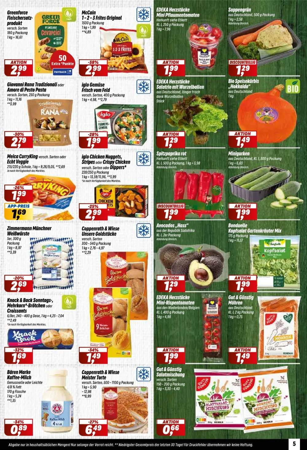 Simmel Prospekt KW 40 Seite 5 mit McCain Pommes, Pflaumentomaten, Kürbis, CurryKing, Weißwürsten, Avocados und Möhren.