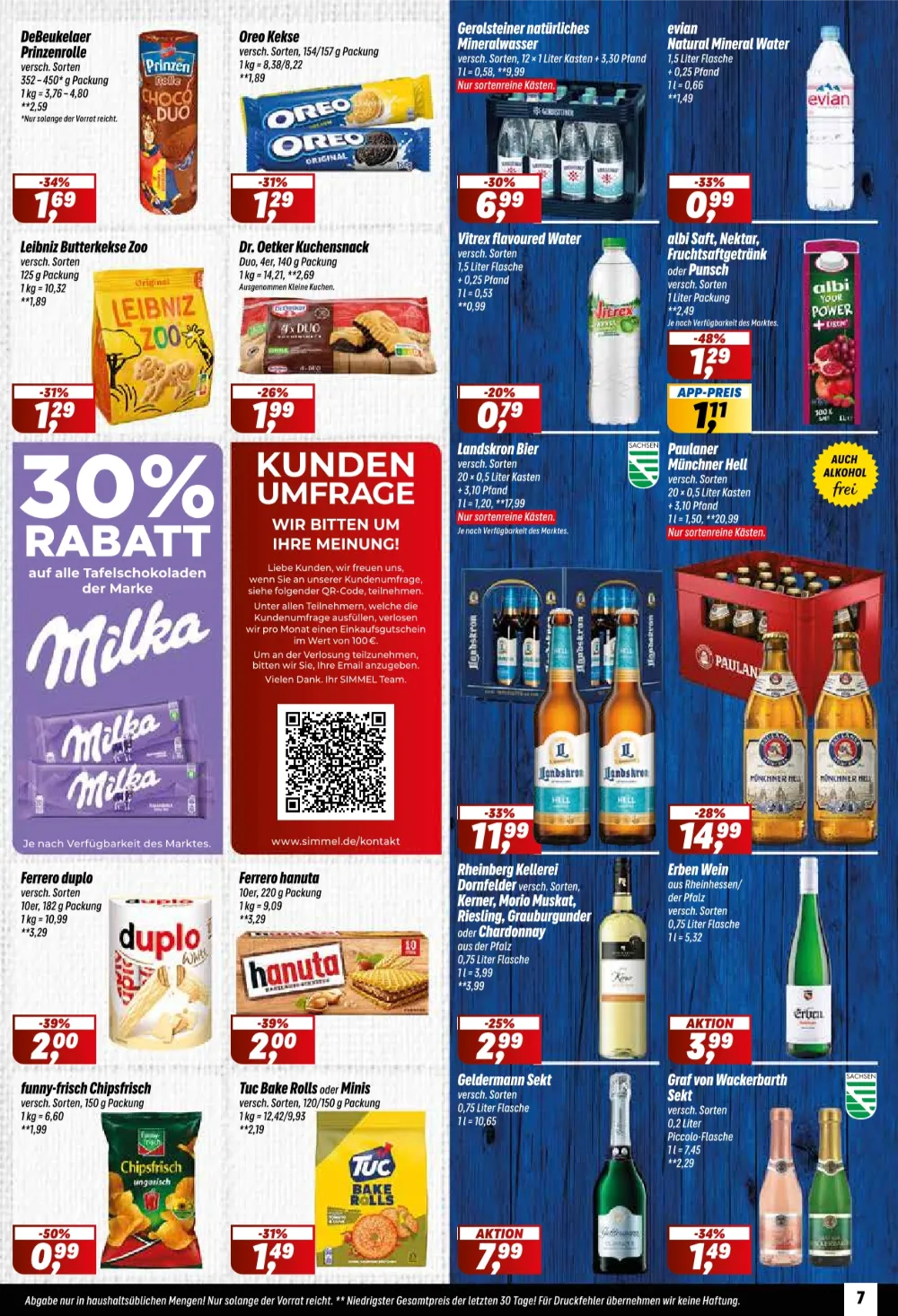 Simmel Prospekt KW 40 Seite 7 mit Prinzenrolle, Oreo Keksen, Gerolsteiner, albi Saft, Milka Schokolade und Paulaner Bier.