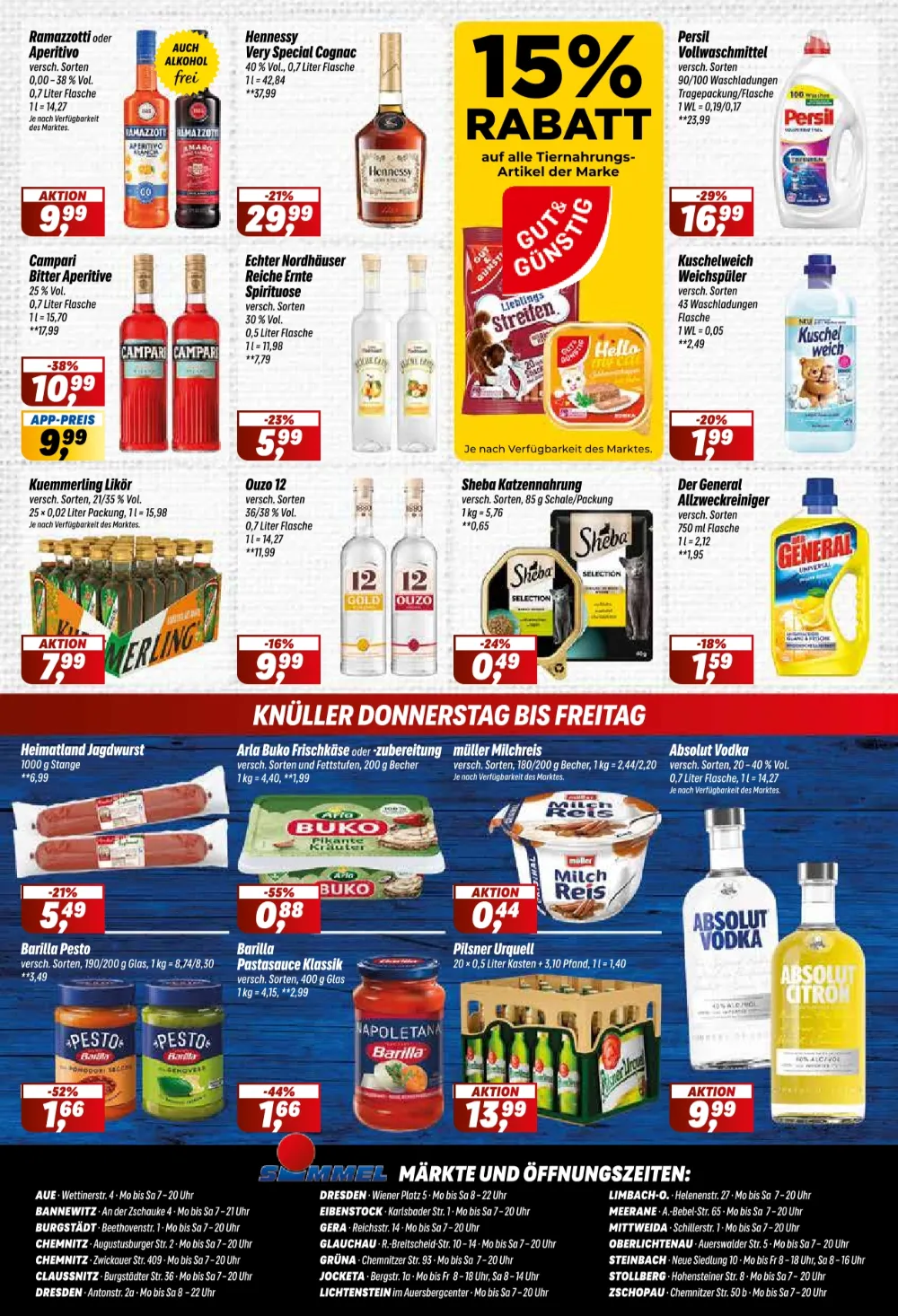 Simmel Prospekt KW 40 Seite 8 mit Ramazzotti, Persil Waschmittel, Sheba Katzenfutter, Jagdwurst, Milchreis und Vodka.