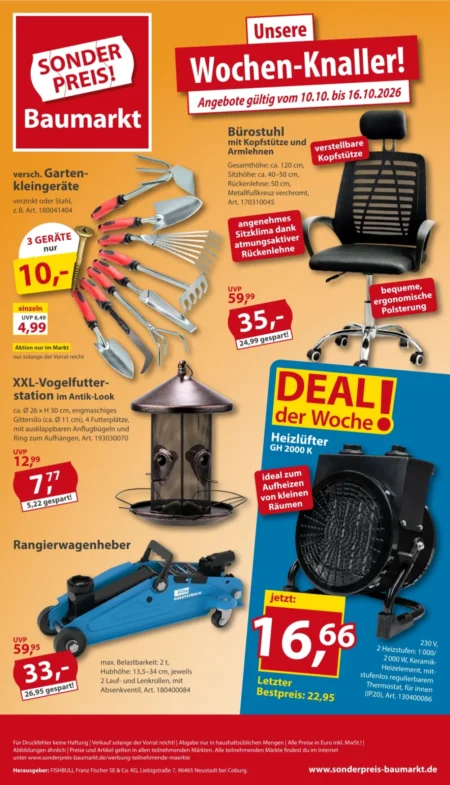 Sonderpreis Baumarkt Prospekt ab 10.10.2026 (KW 42) Sonderpreis Baumarkt Prospekt ab 10.10.2026 Seite 1 mit Bürostuhl, Heizlüfter, Rangierwagenheber & Vogelfutterstation