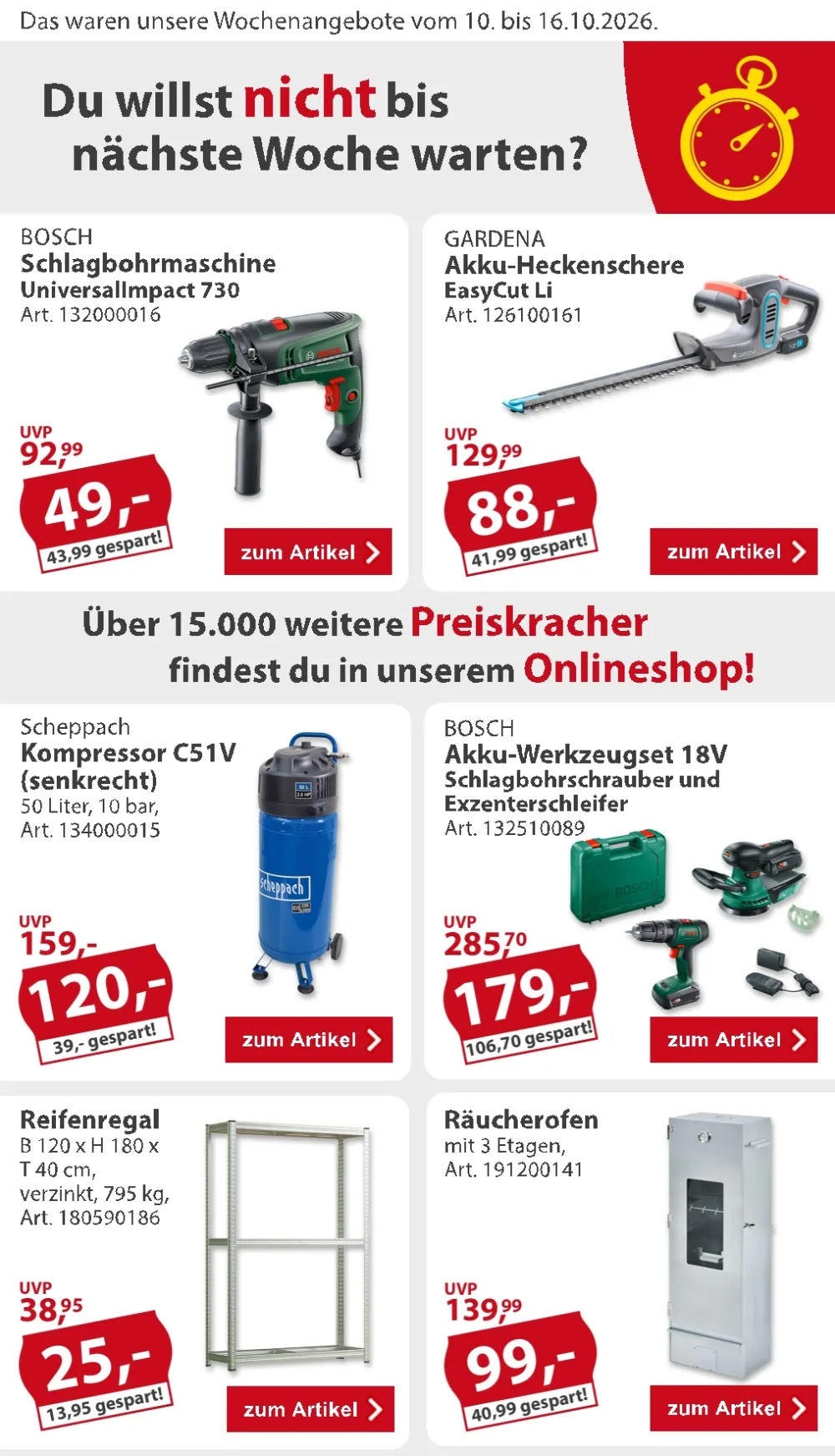 Sonderpreis Baumarkt Prospekt KW 42 Seite 2 mit Bosch Schlagbohrmaschine, Gardena Heckenschere, Kompressor & Reifenregal
