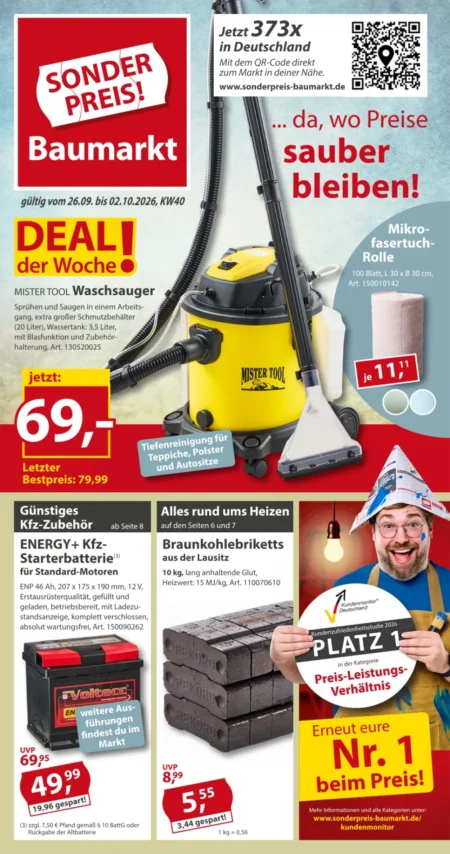 Sonderpreis Baumarkt Prospekt ab 26.09.2026 (KW 40) Sonderpreis Baumarkt Prospekt ab 26.09.2026 Seite 1 mit Mister Tool Waschsauger, Mikrofaser-Rolle und Braunkohlebriketts