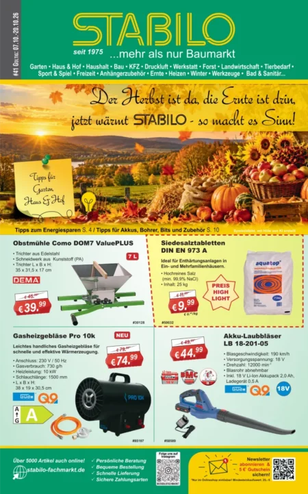 Stabilo Fachmarkt Angebote im Prospekt ab 07.10.2026 (KW 41–42) Stabilo Fachmarkt Angebote ab 07.10.2026 Seite 1 mit Angeboten für Obstmühle, Siedesalztabletten, Gasheizgebläse & Laubbläser