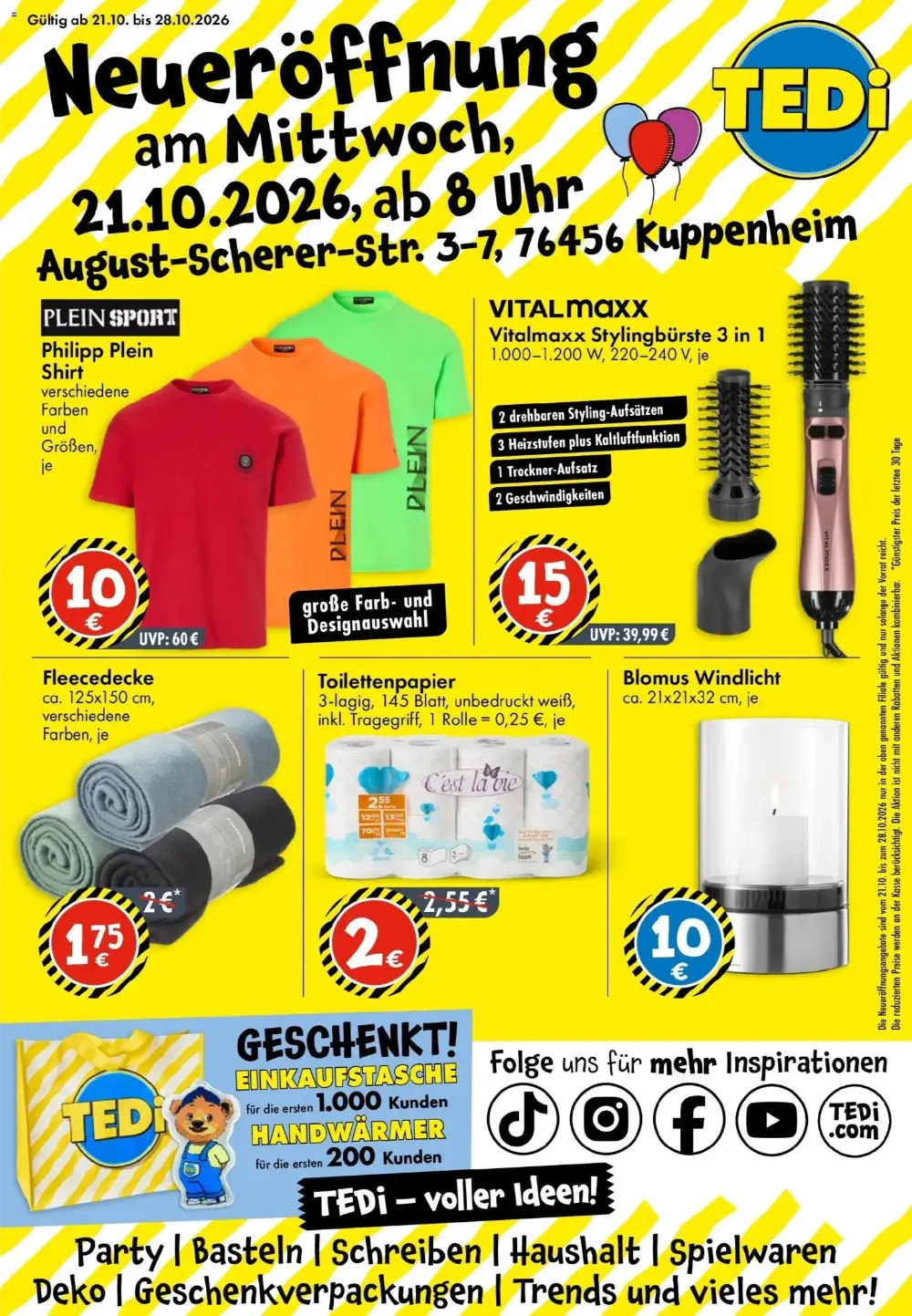 TEDi Angebote ab 21.10.2026 Seite 1 mit angeboten für Philipp Plein Shirt, Stylingbürste, Fleecedecke & Toilettenpapier