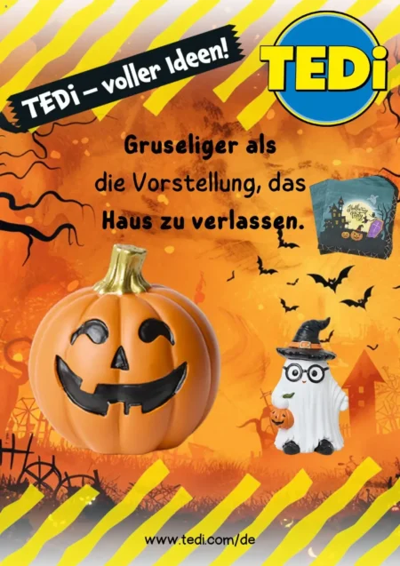 Tedi Angebote im Prospekt KW 39 ab 23.09.2026 TEDi Angebote ab 23.09.2026 Seite 1 mit Angeboten für Deko-Kürbis, Geist-Figur und Servietten.