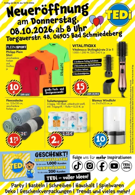 Tedi Prospekt ab 08.10.2026 (KW 41) TEDi Prospekt ab 08.10.2026 Seite 1 mit Philipp Plein Shirt, Vitalmaxx Stylingbürste, Fleecedecke und Toilettenpapier