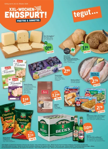 Tegut Prospekt ab 05.10.2026 (KW 41) Tegut Prospekt ab 05.10.2026 Seite 1 mit Gouda, Brötchen, Zwetschgen, Herta Finesse, Melitta Kaffee, Fisch und Chipsfrisch