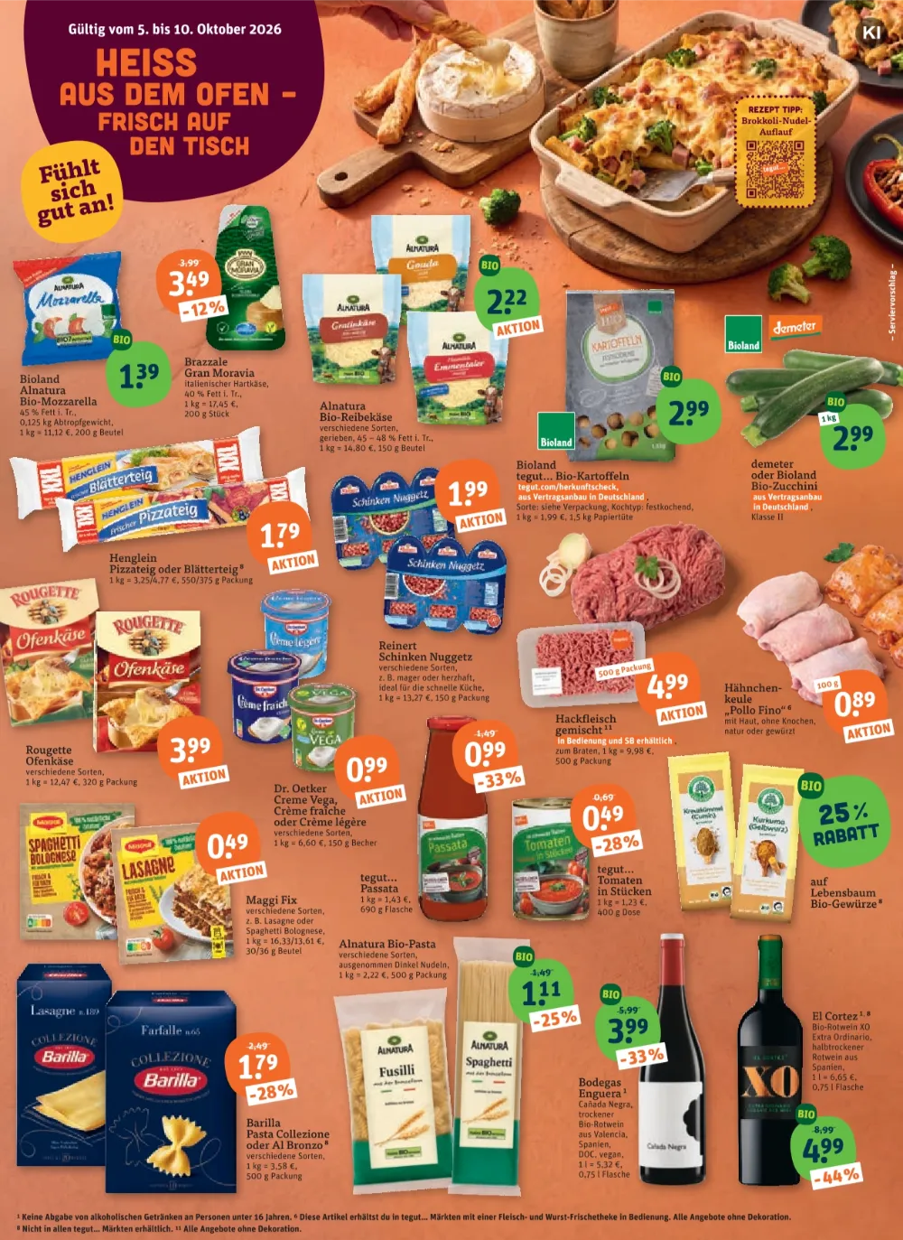 Tegut Prospekt KW 41 Seite 2 mit Mozzarella, Reibekäse, Pizzateig, Ofenkäse, Hackfleisch, Hähnchenkeule und Barilla Pasta