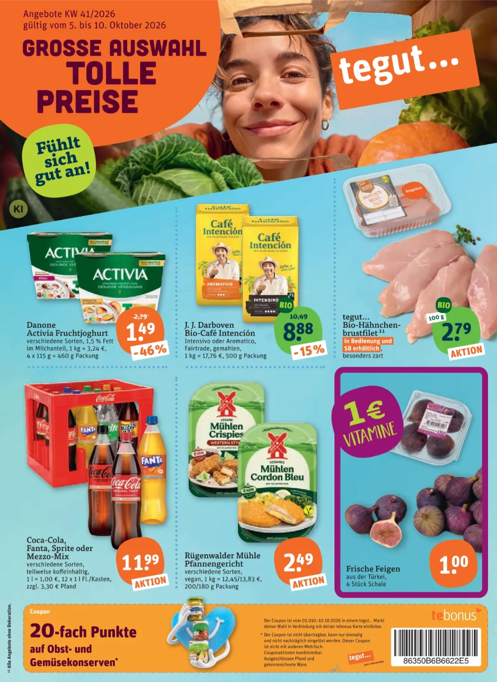 Tegut Prospekt KW 41 Seite 3 mit Activia Fruchtjoghurt, Bio-Kaffee, Hähnchenbrustfilet, Coca-Cola und Rügenwalder Mühle
