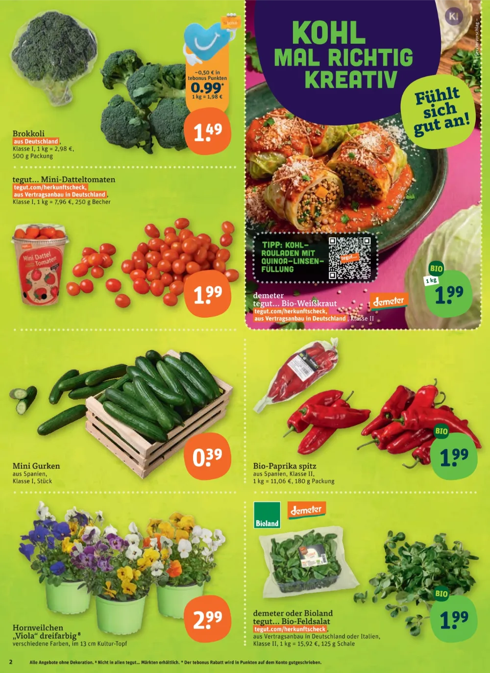 Tegut Prospekt KW 41 Seite 4 mit Brokkoli, Mini-Datteltomaten, Bio-Weißkraut, Mini-Gurken, Bio-Spitzpaprika und Feldsalat