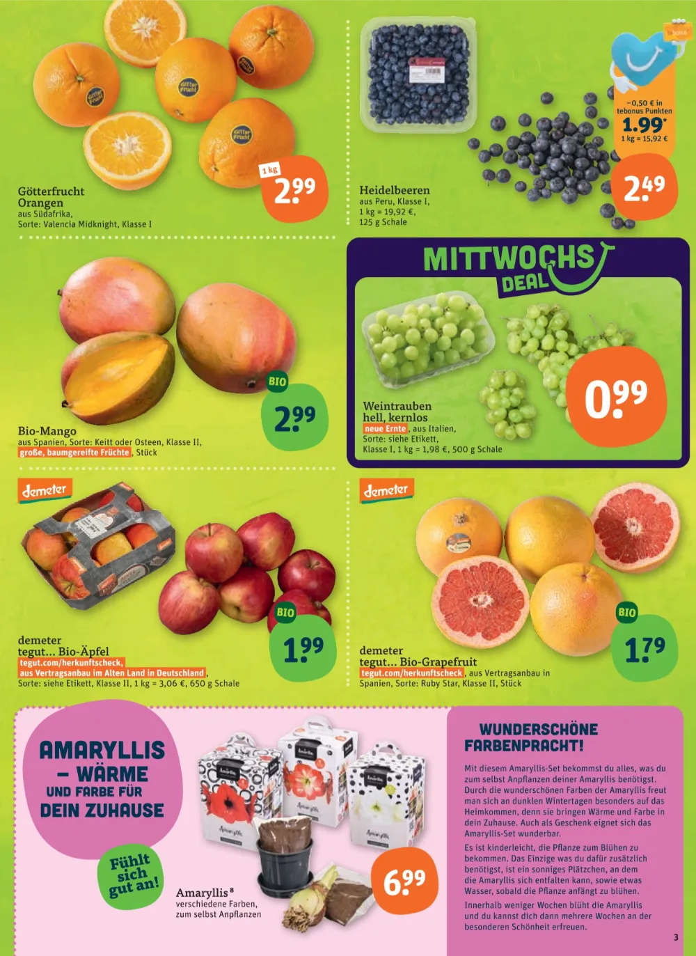 Tegut Prospekt KW 41 Seite 5 mit Orangen, Heidelbeeren, Bio-Mango, Weintrauben, Bio-Äpfeln, Bio-Grapefruit und Amaryllis