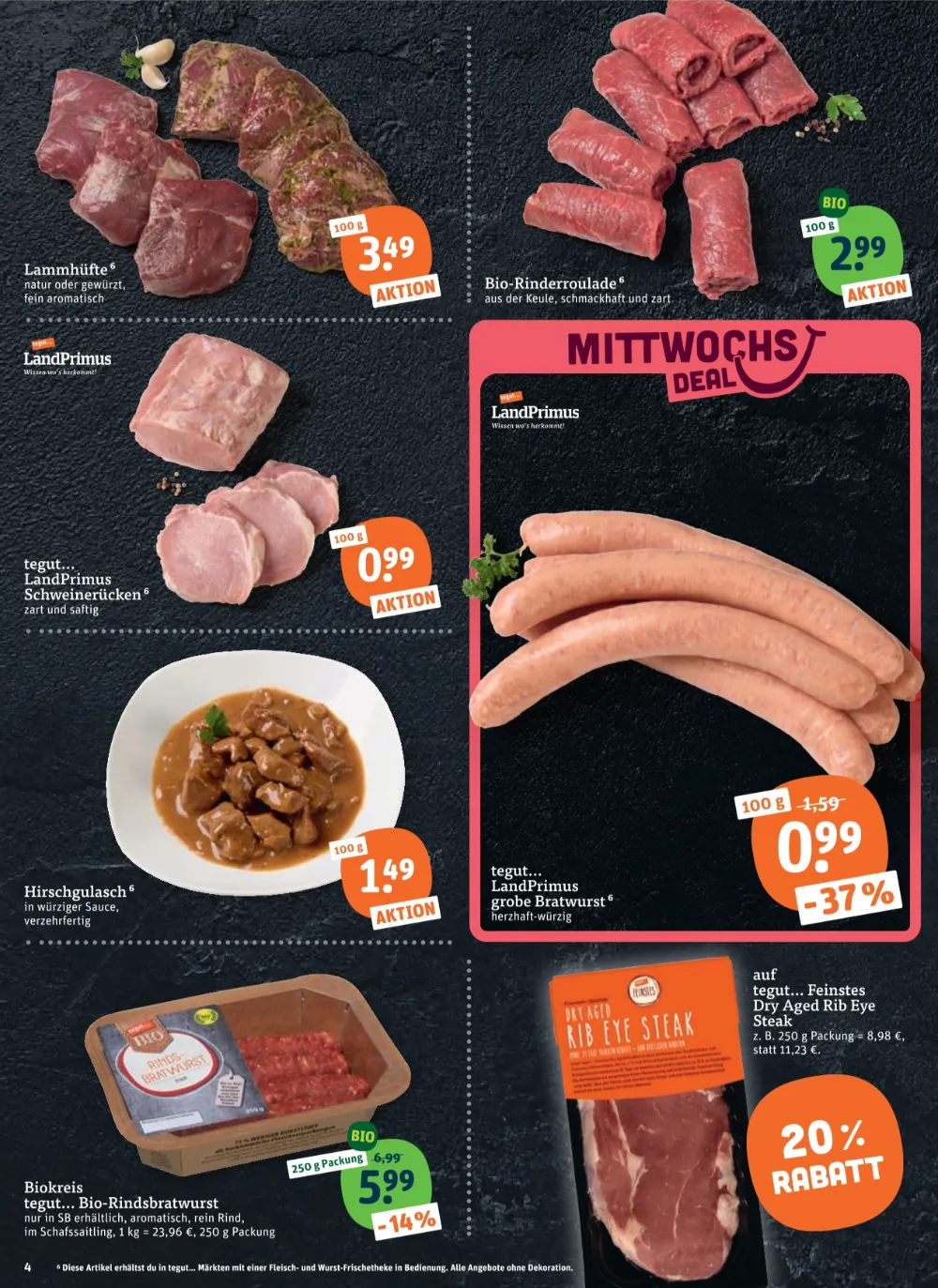 Tegut Prospekt KW 41 Seite 6 mit Lammhüfte, Bio-Rinderroulade, Schweinerücken, Bratwurst, Hirschgulasch und Rib Eye Steak   