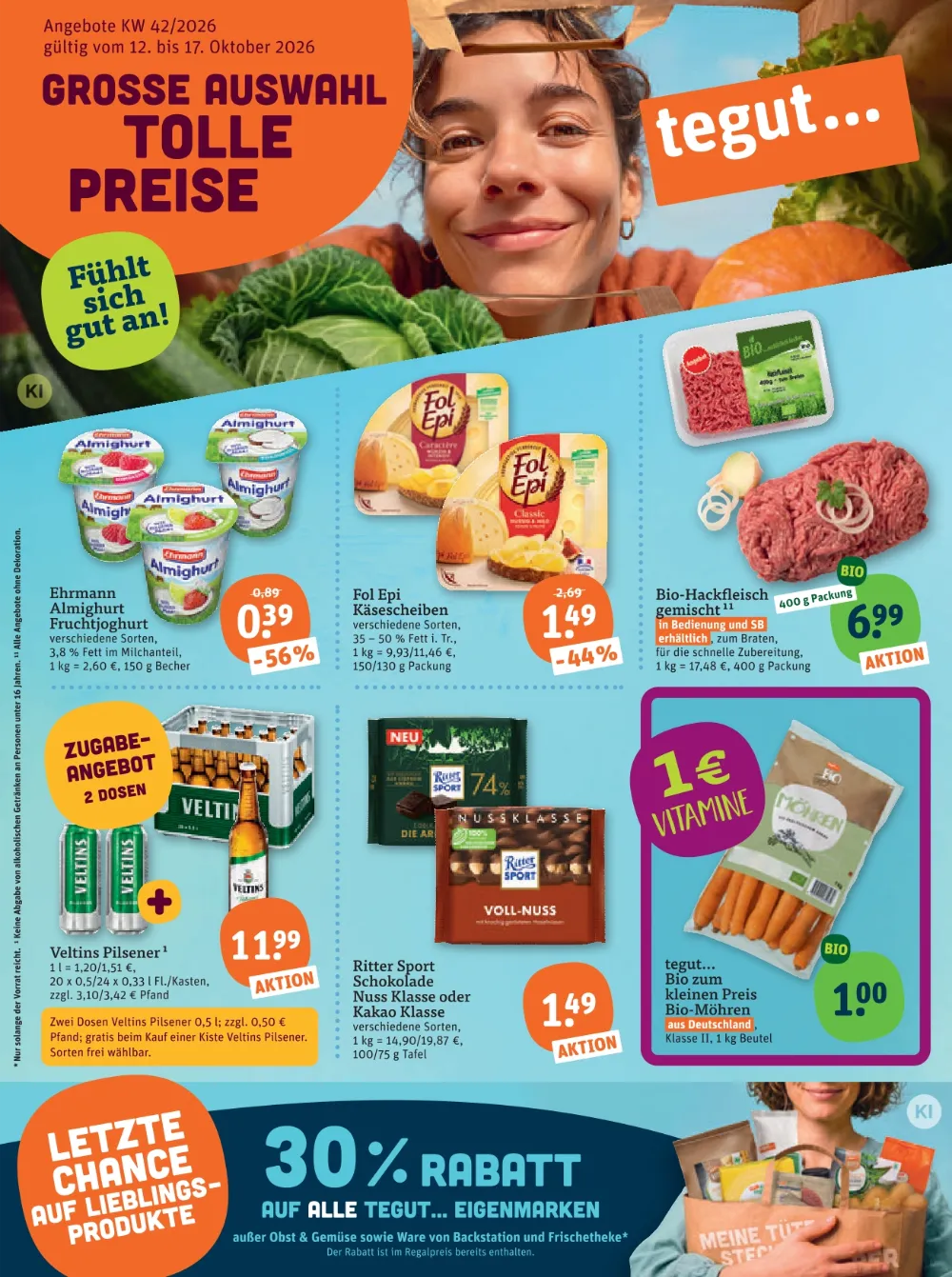 Tegut Prospekt KW 43 Seite 3 mit Ehrmann Almighurt, Fol Epi Käsescheiben, Bio-Hackfleisch & Veltins Pilsener