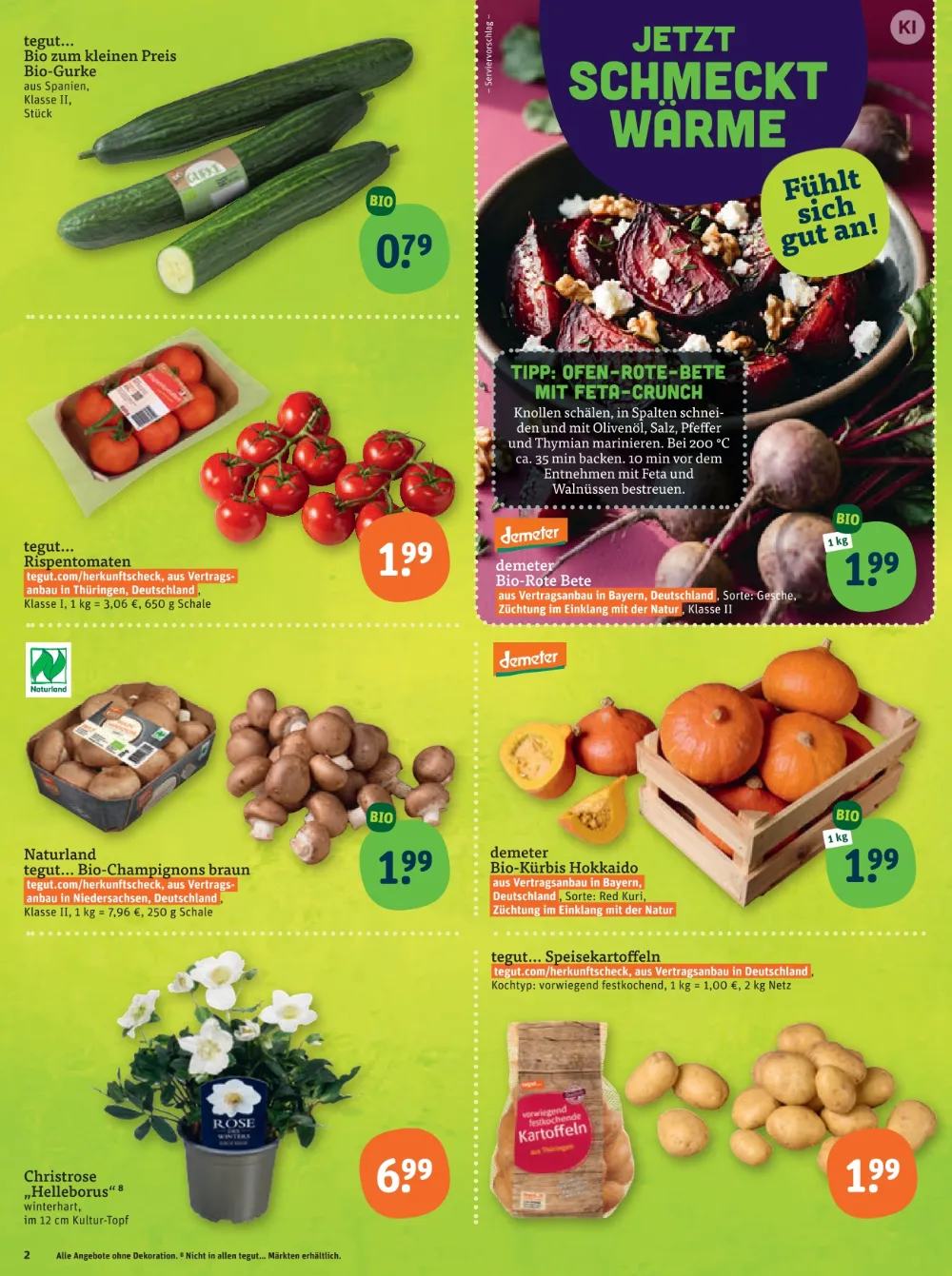 Tegut Prospekt KW 43 Seite 4 mit Bio-Gurke, Rispentomaten, Bio-Rote Bete, Bio-Champignons & Bio-Kürbis Hokkaido