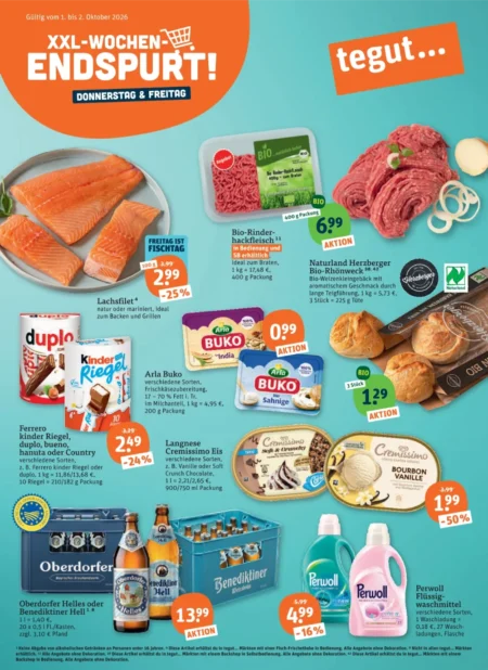 Tegut Prospekt ab 28.09.2026 (KW 40) Tegut Prospekt ab 28.09.2026 Seite 1 mit Lachsfilet, Bio-Rinderhackfleisch, Kinder Riegel, Arla Buko und Cremissimo Eis.