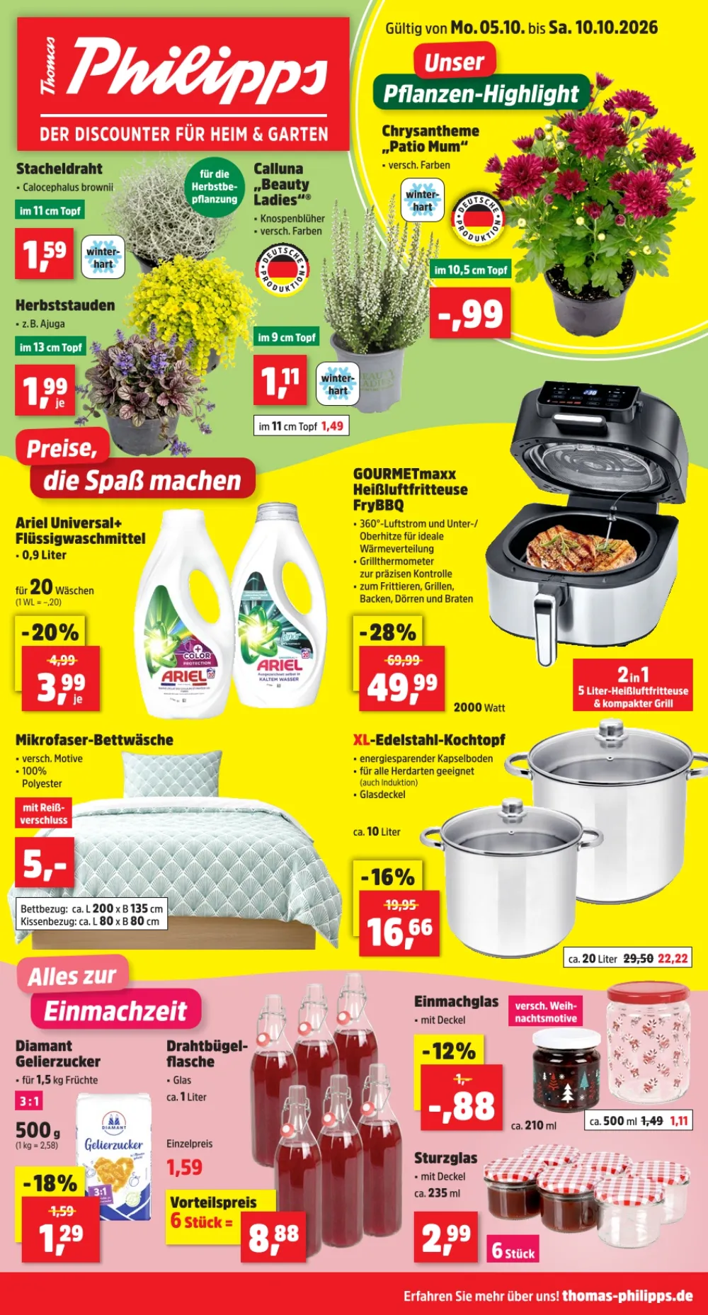 Thomas Philipps Prospekt ab 05.10.2026 Seite 1 mit Chrysantheme, Ariel Waschmittel, Heißluftfritteuse, Kochtopf & Bettwäsche