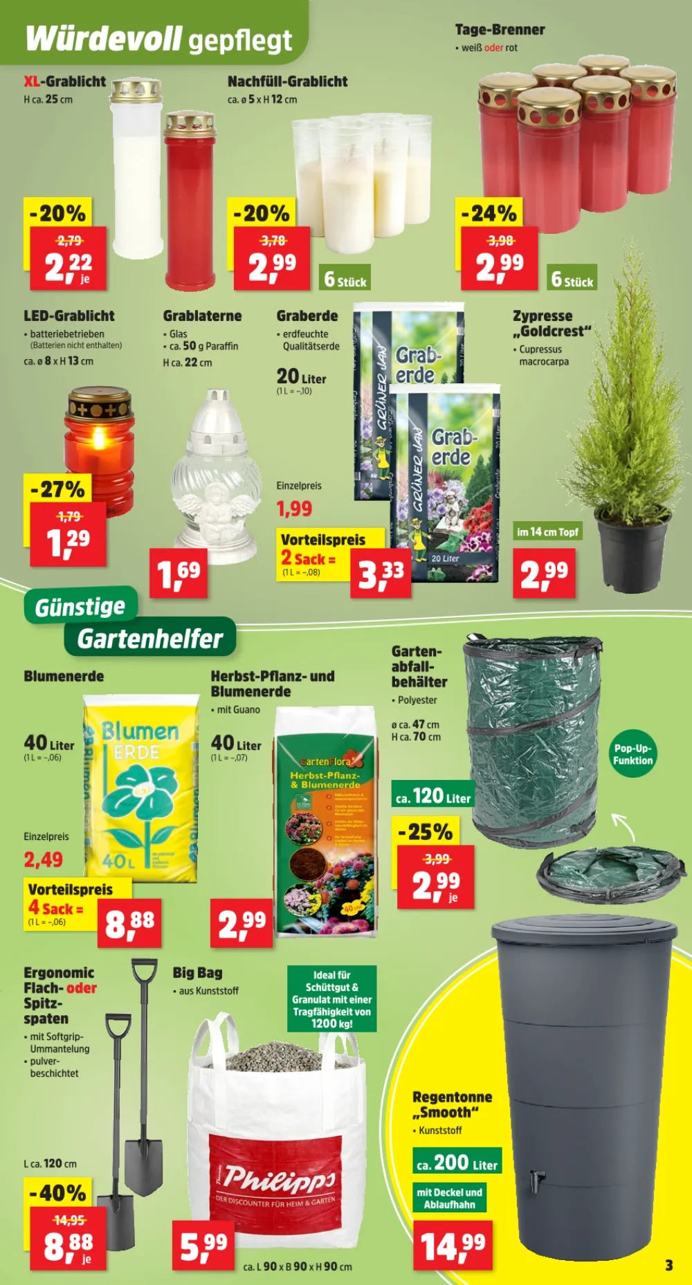 Thomas Philipps Prospekt KW 41 Seite 3 mit Grablicht, Graberde, Zypresse, Blumenerde, Spaten & Regentonne