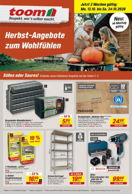 Toom Baumarkt Prospekt ab 12.10.2026 (KW 42) Toom Baumarkt Angebote ab 12.10.2026 Seite 1 mit angeboten für Braunkohle-Bündelbriketts, Parador Designboden & Bosch Akku-Bohrschrauber