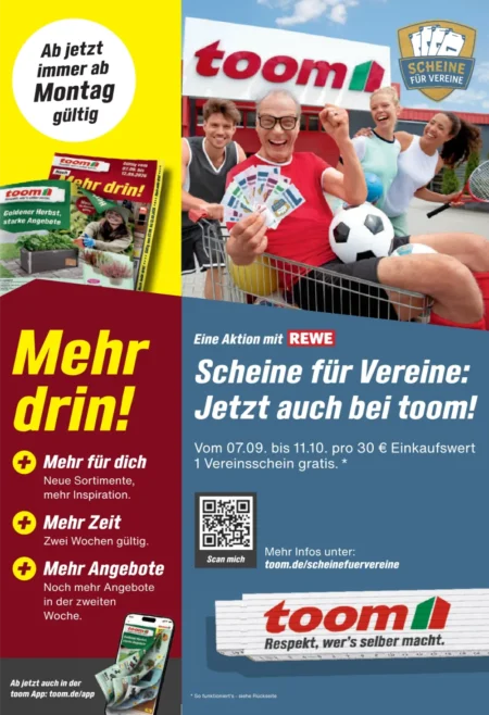 Toom Baumarkt Prospekt ab 28.09.2026 (KW 40) Toom Baumarkt Angebote ab 28.09.2026 Seite 1 mit Aktion Scheine für Vereine.