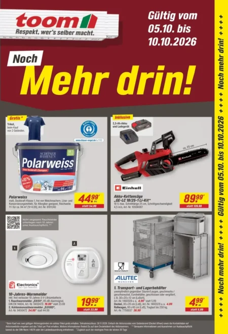 Toom Baumarkt Prospekt ab 05.10.2026 (KW 41) Toom Baumarkt Prospekt ab 05.10.2026 Seite 1 mit Schöner Wohnen Polarweiss, Einhell Akku-Kettensäge und Warnmelder.