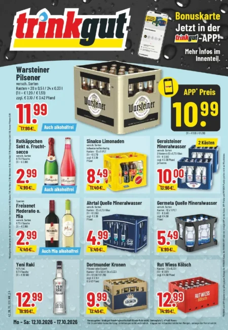 Trinkgut Prospekt ab 12.10.2026 (KW 42) Trinkgut Prospekt ab 12.10.2026 Seite 1 mit Warsteiner Pilsener, Rotkäppchen Sekt, Sinalco Limonaden, Gerolsteiner & Yeni Raki