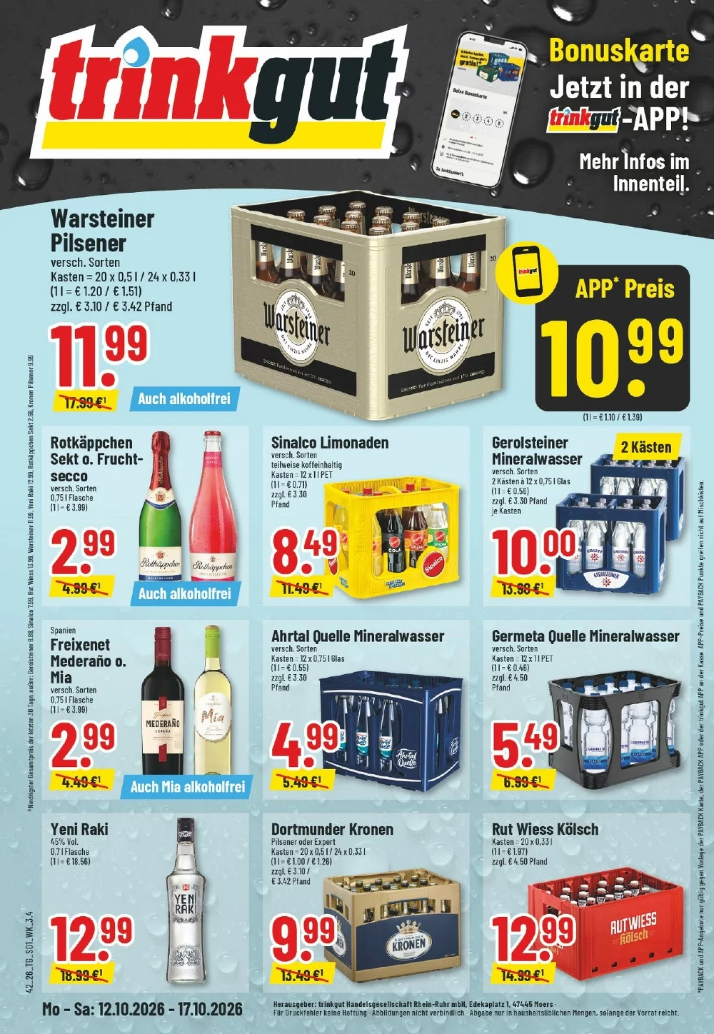 Trinkgut Prospekt ab 12.10.2026 Seite 1 mit Warsteiner Pilsener, Rotkäppchen Sekt, Sinalco Limonaden, Gerolsteiner & Yeni Raki