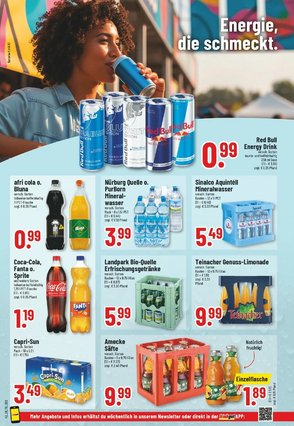 Trinkgut Prospekt KW 42 Seite 2 mit Red Bull, afri cola, Coca-Cola, Fanta, Nürburg Quelle, Landpark Bio-Quelle & Amecke Säfte