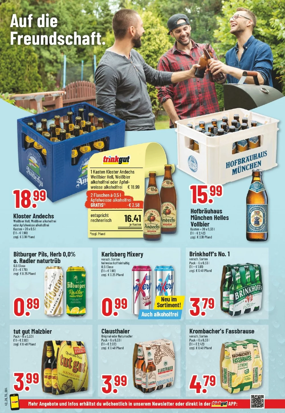 Trinkgut Prospekt KW 42 Seite 4 mit Kloster Andechs, Hofbräuhaus München, Bitburger Pils, Mixery, Clausthaler & Krombacher